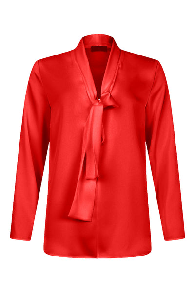 Red satin blouse with a tie detail on a white background