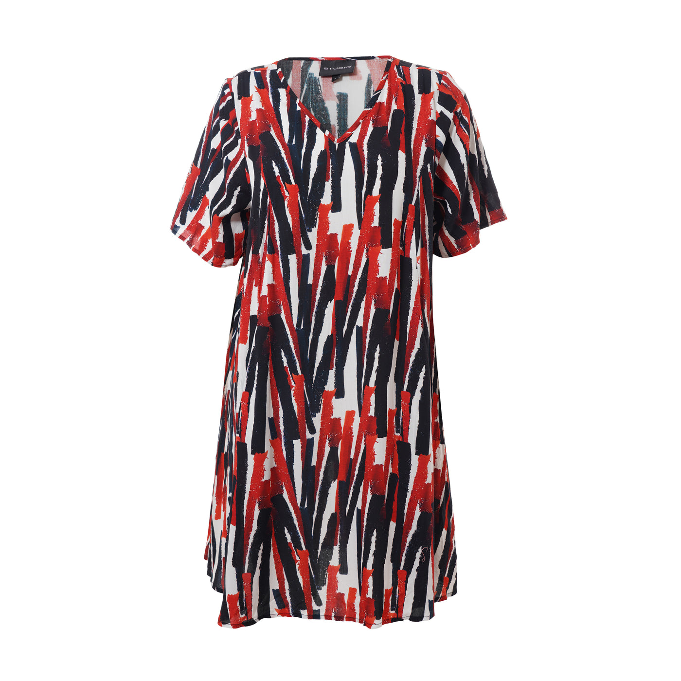 Studio - Birgitte stuttermakjóll með svörtu og rauðu mynstri