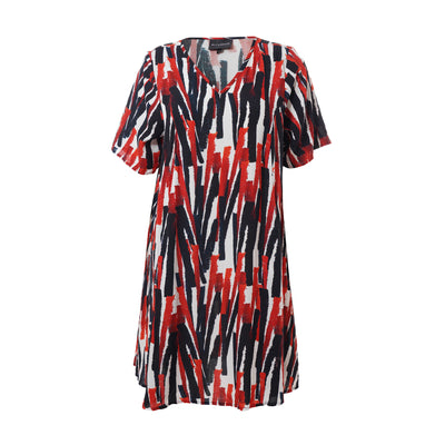 Studio - Birgitte stuttermakjóll með svörtu og rauðu mynstri