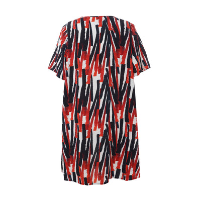 Studio - Birgitte stuttermakjóll með svörtu og rauðu mynstri