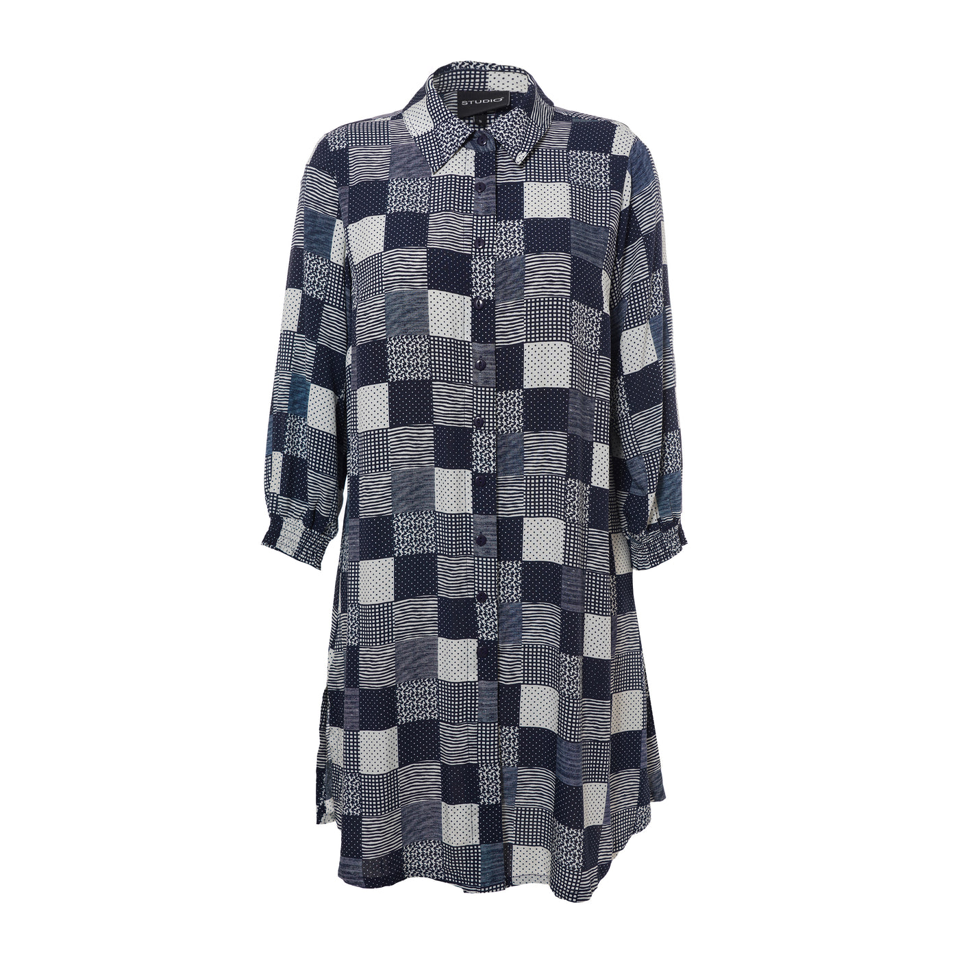 Studio - Emilie síð skyrta með dökkbláu mynstri